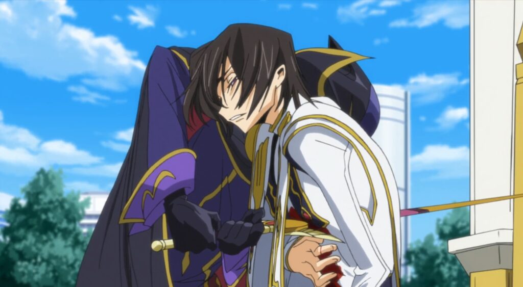 Suzaku dawning Zero's attire and mask stabbed Lelouch through hear