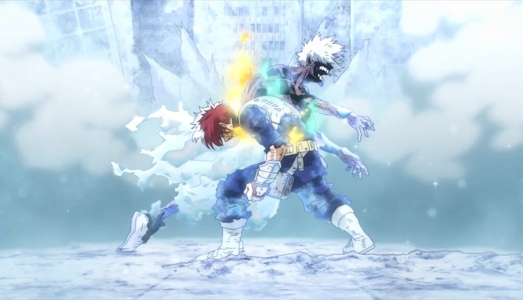 Shoto used his Great Glacial Aegir skill to cool down Dabi's blue flame