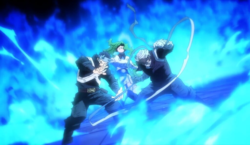 Shoto was protected by Burnin, Kido, and Onima from Dabi's flame.