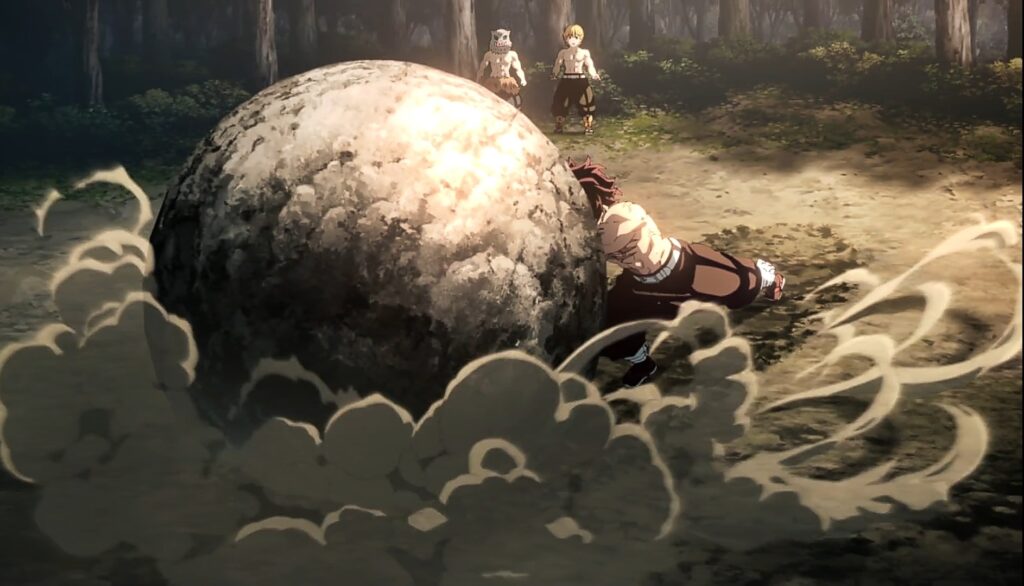 In Demon Slayer season 4 episode 7, Tanjiro finally managed to move that ginormous boulder 1 cho(358ft) away