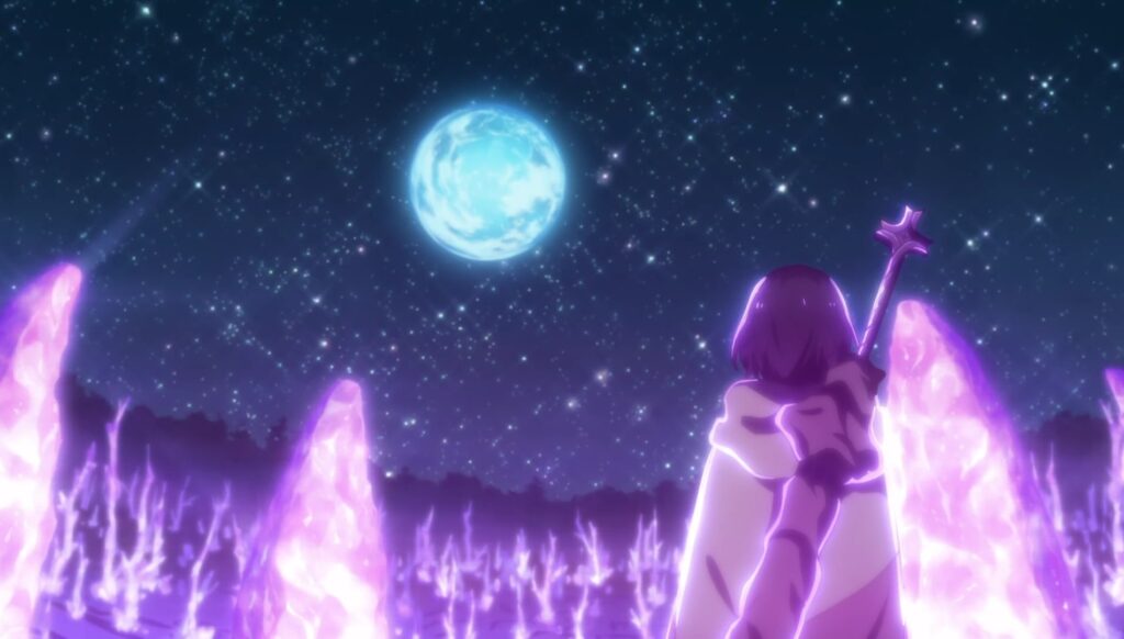  this moment was beautifully captured with the planet in the background, quartz forest, mainly a forest of glittering stone in the middle ground, and Belle at the foreground